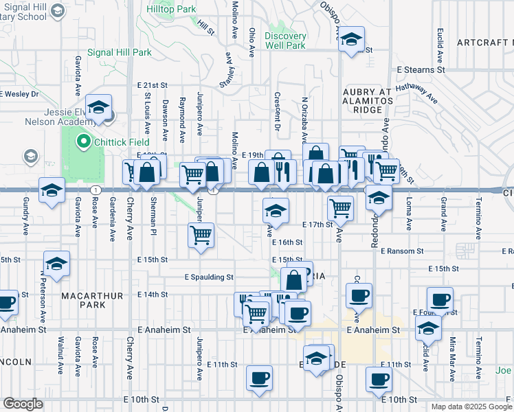 map of restaurants, bars, coffee shops, grocery stores, and more near 1740 Ohio Avenue in Long Beach