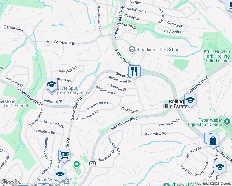 map of restaurants, bars, coffee shops, grocery stores, and more near 5029 Kingspine Road in Rolling Hills Estates