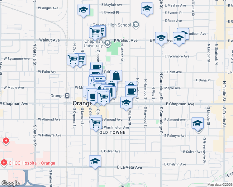 map of restaurants, bars, coffee shops, grocery stores, and more near 157 North Grand Street in Orange