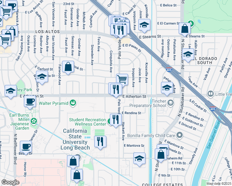 map of restaurants, bars, coffee shops, grocery stores, and more near 1801 Palo Verde Avenue in Long Beach