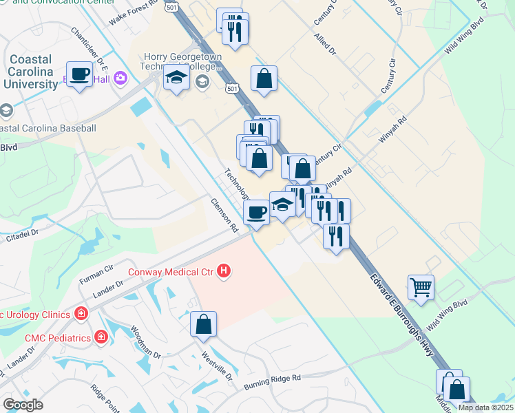 map of restaurants, bars, coffee shops, grocery stores, and more near Technology Rd in Conway