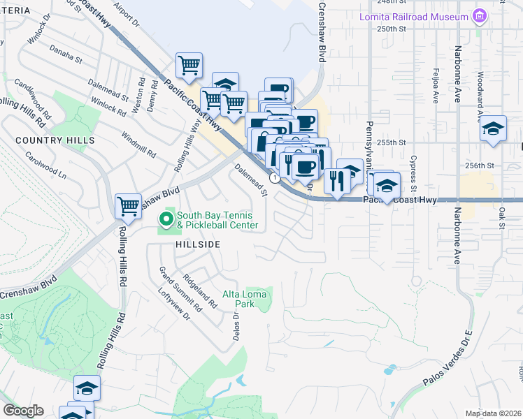 map of restaurants, bars, coffee shops, grocery stores, and more near 2528 Dalemead Street in Torrance