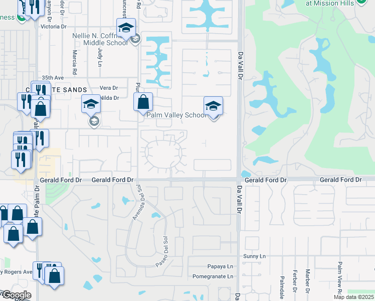 map of restaurants, bars, coffee shops, grocery stores, and more near 69747 Del Valle Court in Rancho Mirage