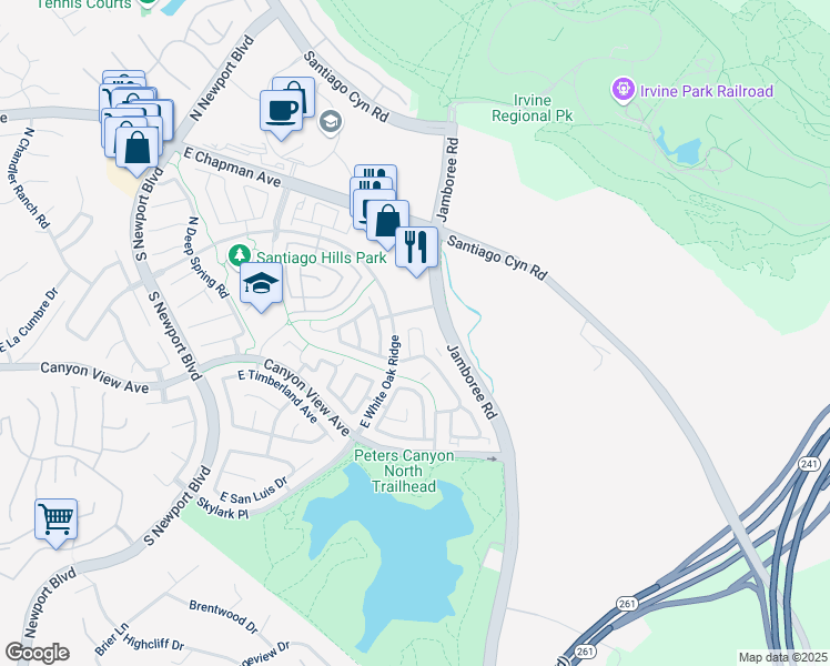 map of restaurants, bars, coffee shops, grocery stores, and more near 147 North Mine Canyon Road in Orange