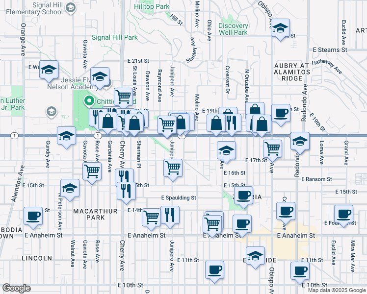 map of restaurants, bars, coffee shops, grocery stores, and more near 1747 Stanley Avenue in Long Beach