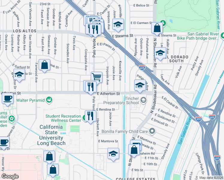 map of restaurants, bars, coffee shops, grocery stores, and more near 1801 Josie Avenue in Long Beach