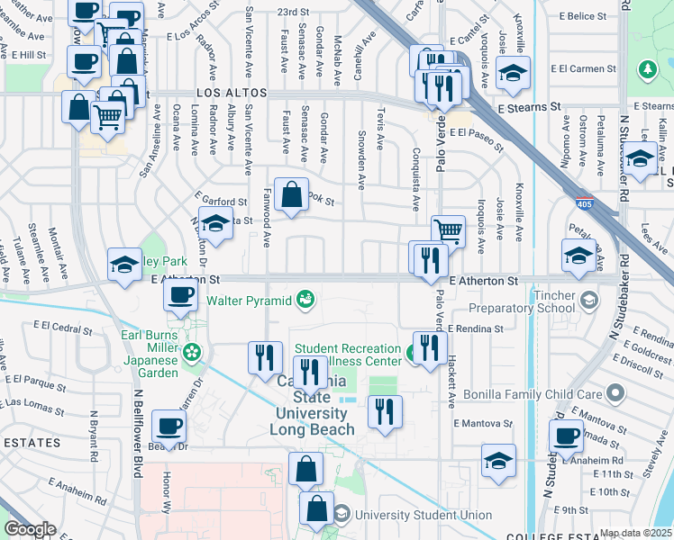 map of restaurants, bars, coffee shops, grocery stores, and more near 1801 McNab Avenue in Long Beach