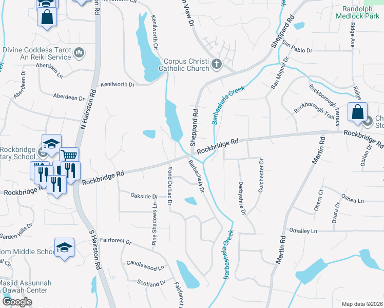 map of restaurants, bars, coffee shops, grocery stores, and more near Rockbridge Rd & Sheppard Rd in Stone Mountain