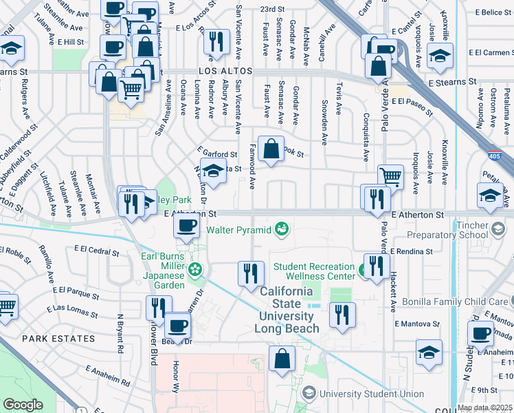 map of restaurants, bars, coffee shops, grocery stores, and more near 1800 Fanwood Avenue in Long Beach