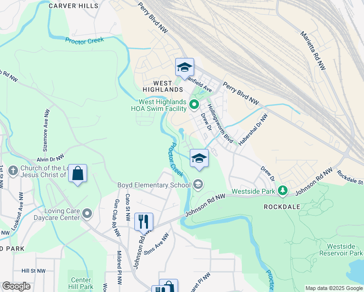 map of restaurants, bars, coffee shops, grocery stores, and more near 895 Dahlia Lane in Atlanta