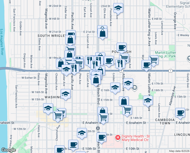 map of restaurants, bars, coffee shops, grocery stores, and more near in Long Beach