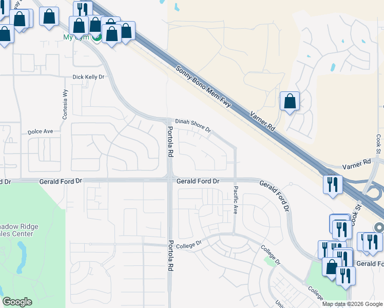 map of restaurants, bars, coffee shops, grocery stores, and more near 74423 Xander Court in Palm Desert