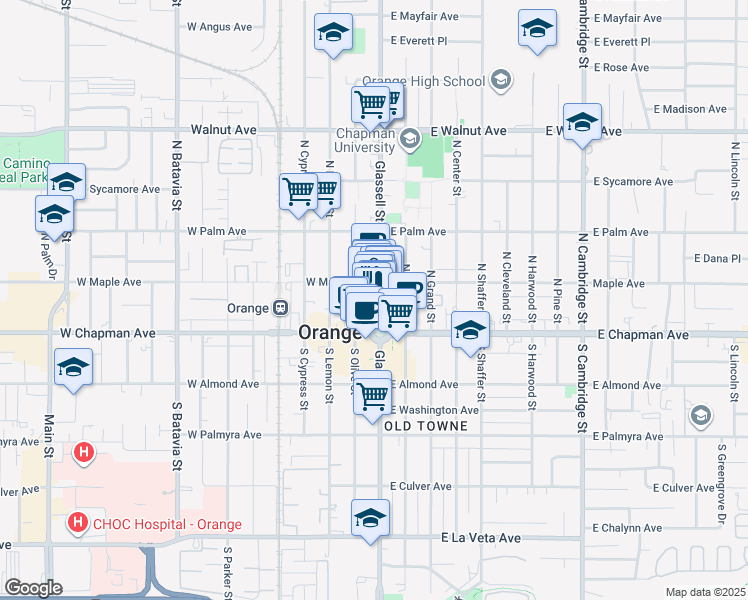 map of restaurants, bars, coffee shops, grocery stores, and more near 150 North Glassell Street in Orange