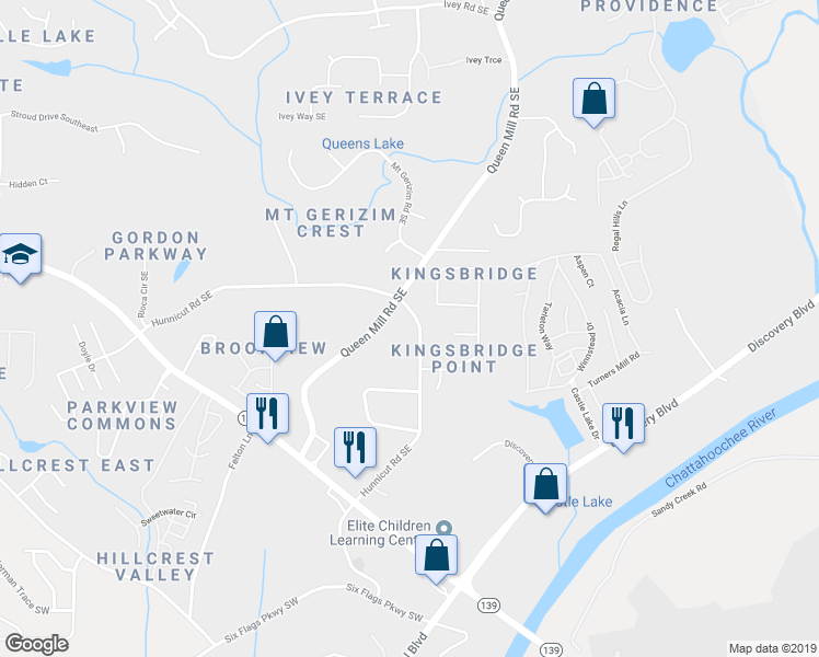 map of restaurants, bars, coffee shops, grocery stores, and more near 584 Hunnicutt Rd SE in Mableton