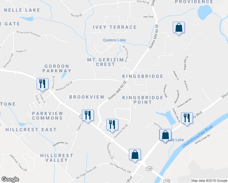 map of restaurants, bars, coffee shops, grocery stores, and more near 6774 Queen Mill Road Southeast in Mableton