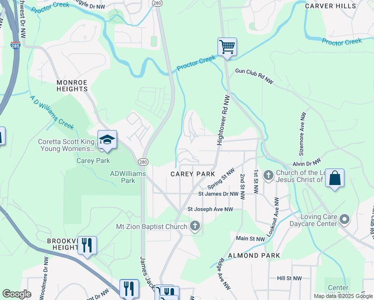 map of restaurants, bars, coffee shops, grocery stores, and more near Etheridge Court Apartments in Atlanta