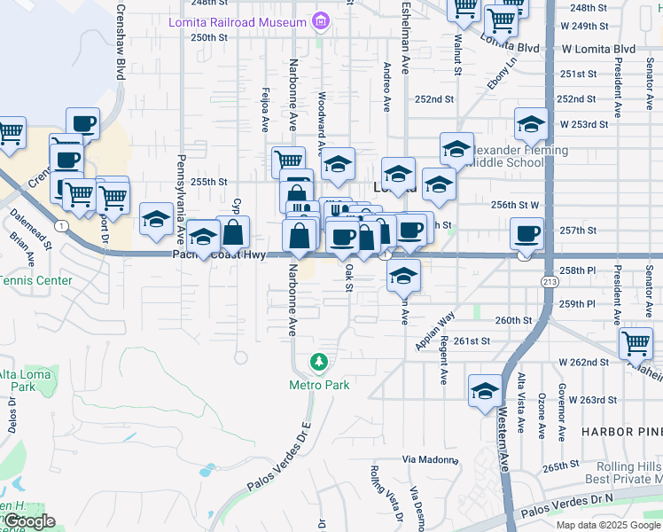map of restaurants, bars, coffee shops, grocery stores, and more near 2130 California 1 in Lomita