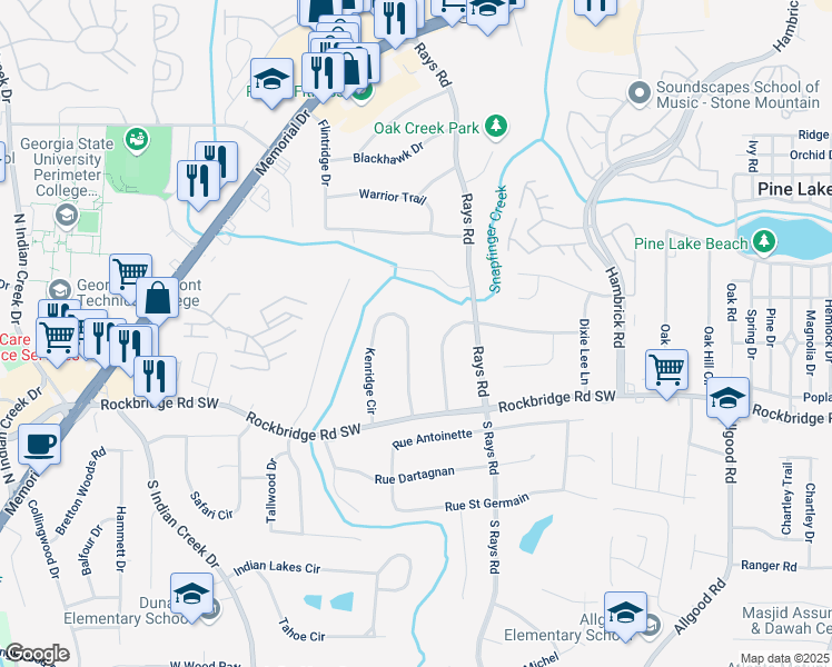map of restaurants, bars, coffee shops, grocery stores, and more near 554 Kenridge Circle in Stone Mountain