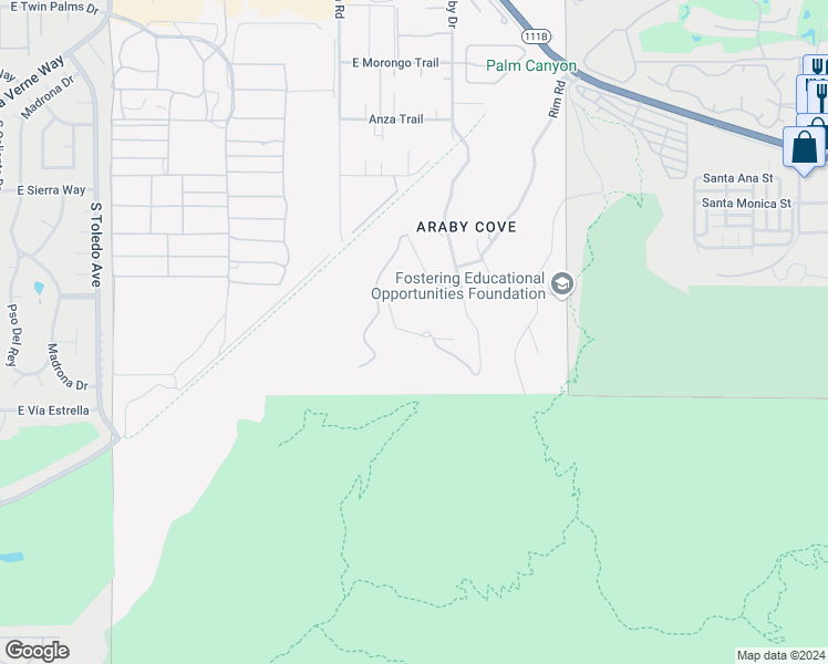 map of restaurants, bars, coffee shops, grocery stores, and more near 2540 South Araby Drive in Palm Springs