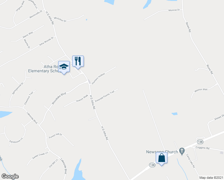 map of restaurants, bars, coffee shops, grocery stores, and more near 526 Emerald Pointe Trail in Monroe