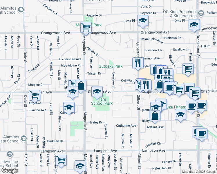 map of restaurants, bars, coffee shops, grocery stores, and more near 9193 Chapman Avenue in Garden Grove
