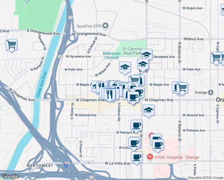 map of restaurants, bars, coffee shops, grocery stores, and more near 152 North Fir Street in Orange