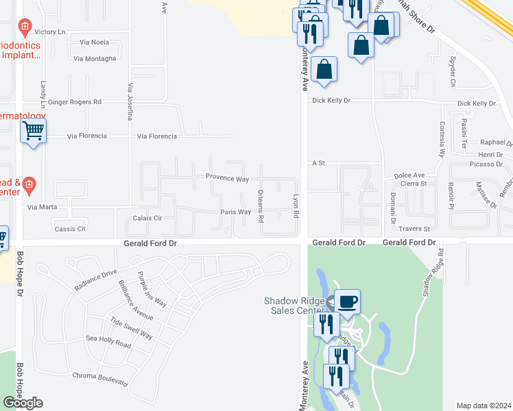 map of restaurants, bars, coffee shops, grocery stores, and more near 11 Orleans Road in Rancho Mirage