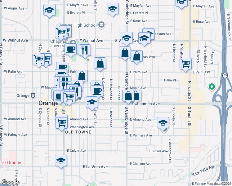 map of restaurants, bars, coffee shops, grocery stores, and more near 160 North Pine Street in Orange