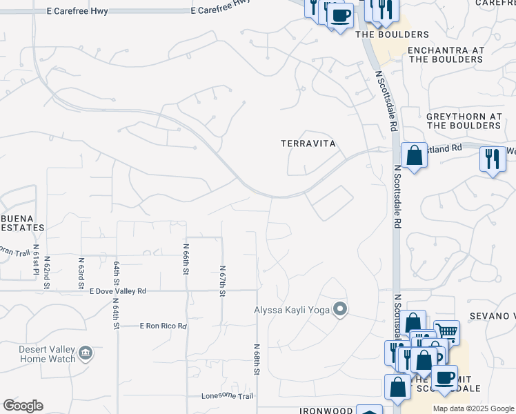 map of restaurants, bars, coffee shops, grocery stores, and more near 6808 East Eagle Feather Road in Scottsdale