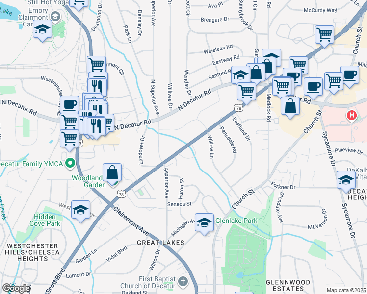 map of restaurants, bars, coffee shops, grocery stores, and more near 1208 U.S. 29 in Decatur