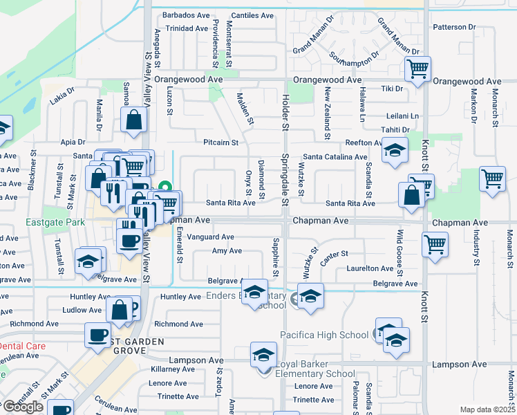 map of restaurants, bars, coffee shops, grocery stores, and more near 6382 Santa Rita Avenue in Garden Grove