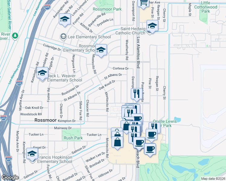 map of restaurants, bars, coffee shops, grocery stores, and more near 3292 Wendy Way in Los Alamitos