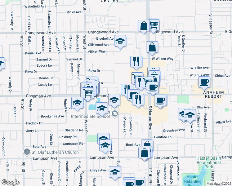 map of restaurants, bars, coffee shops, grocery stores, and more near 12231 Chapman Avenue in Garden Grove
