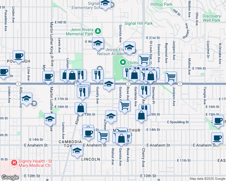 map of restaurants, bars, coffee shops, grocery stores, and more near 1754 Walnut Ave in Long Beach