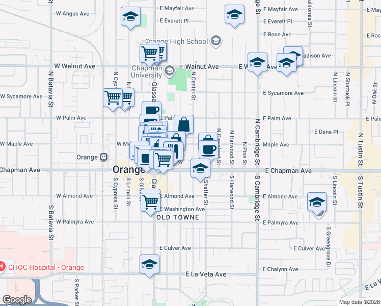 map of restaurants, bars, coffee shops, grocery stores, and more near 164 North Center Street in Orange