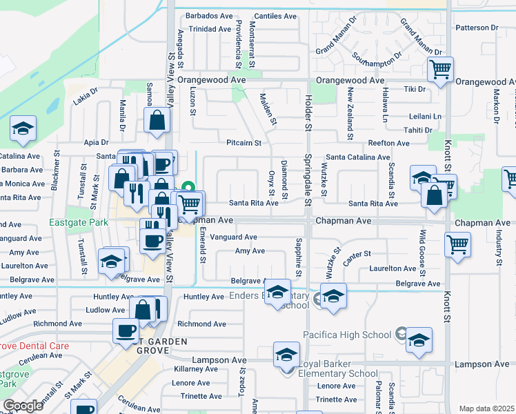 map of restaurants, bars, coffee shops, grocery stores, and more near 6312 Santa Rita Avenue in Garden Grove