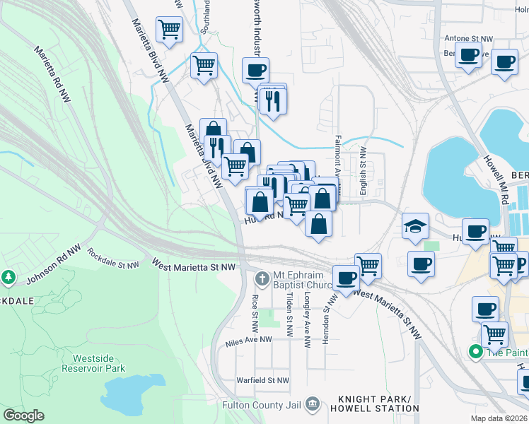 map of restaurants, bars, coffee shops, grocery stores, and more near 1133 Huff Road Northwest in Atlanta
