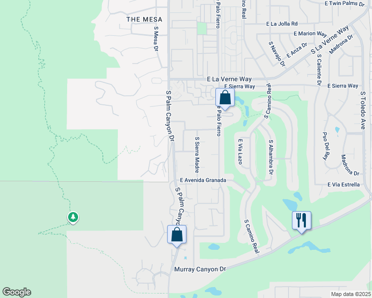 map of restaurants, bars, coffee shops, grocery stores, and more near 2396 South Sky View Drive in Palm Springs