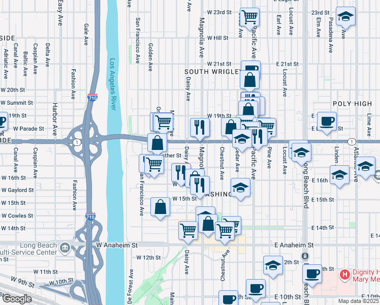 map of restaurants, bars, coffee shops, grocery stores, and more near 1765 Magnolia Avenue in Long Beach
