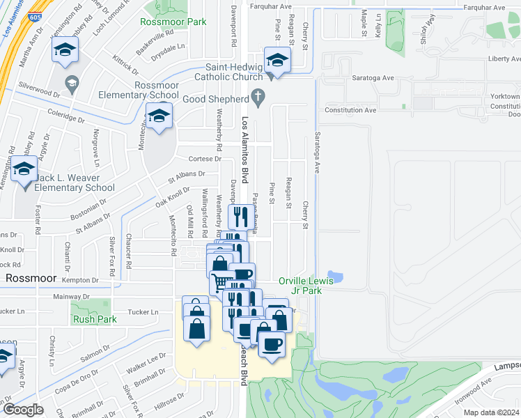map of restaurants, bars, coffee shops, grocery stores, and more near 11952 Paseo Bonita in Los Alamitos