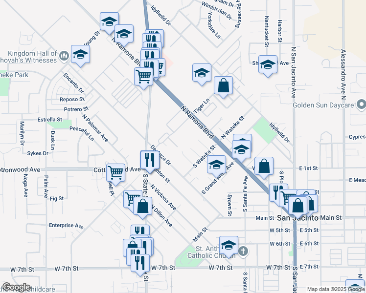 map of restaurants, bars, coffee shops, grocery stores, and more near 475 Camellia Way in San Jacinto