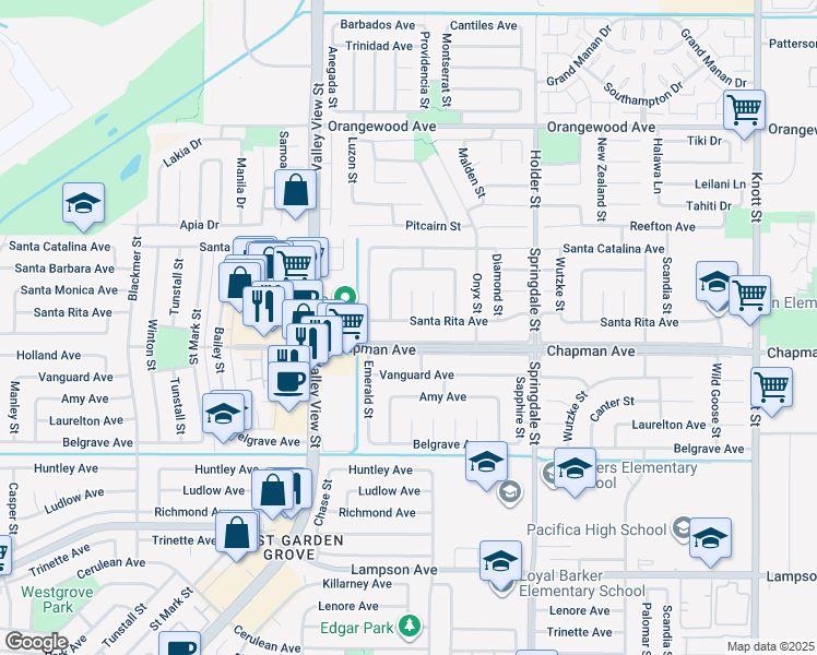 map of restaurants, bars, coffee shops, grocery stores, and more near 6212 Santa Rita Avenue in Garden Grove
