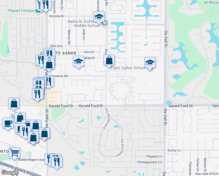 map of restaurants, bars, coffee shops, grocery stores, and more near 69527 Huerta Court in Rancho Mirage