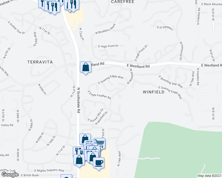 map of restaurants, bars, coffee shops, grocery stores, and more near 7422 East Russet Sky Drive in Scottsdale