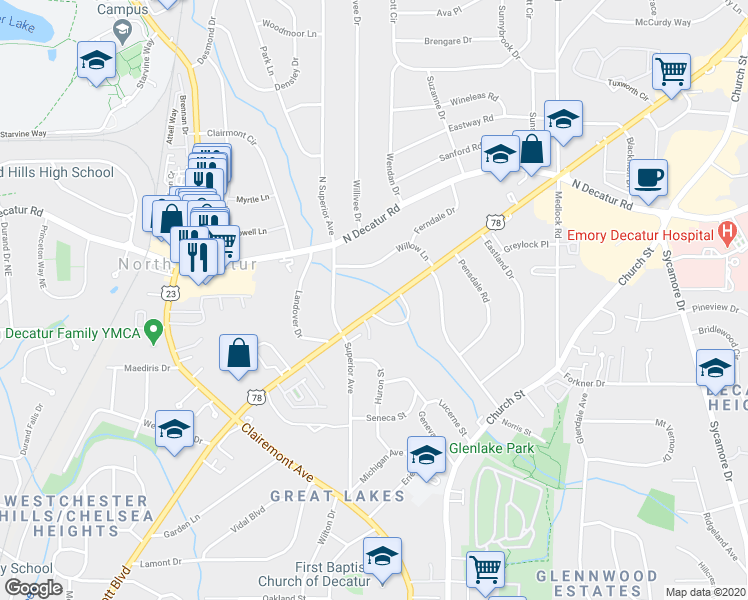 map of restaurants, bars, coffee shops, grocery stores, and more near 1204 Scott Boulevard in Decatur