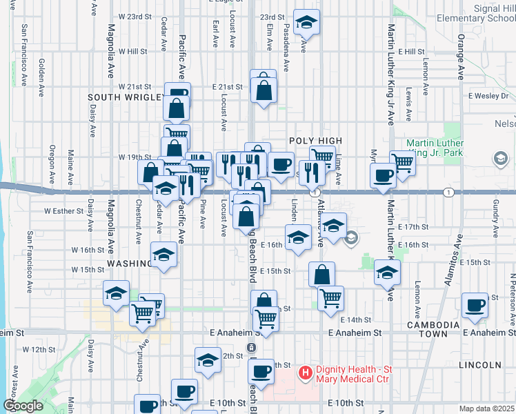 map of restaurants, bars, coffee shops, grocery stores, and more near in Long Beach