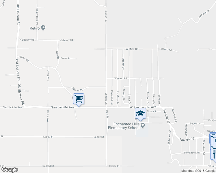 map of restaurants, bars, coffee shops, grocery stores, and more near 22820 Lukens Lane in Perris