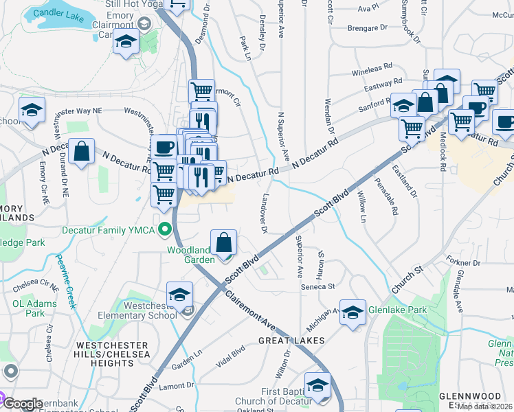 map of restaurants, bars, coffee shops, grocery stores, and more near 444 Landover Dr in Decatur