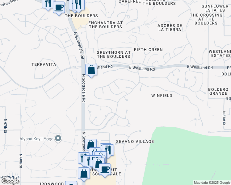 map of restaurants, bars, coffee shops, grocery stores, and more near 7422 East Russet Sky Drive in Scottsdale