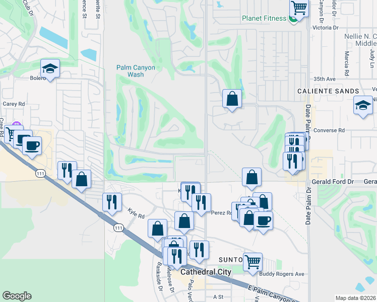 map of restaurants, bars, coffee shops, grocery stores, and more near 7730 Paseo Azulejo in Palm Springs